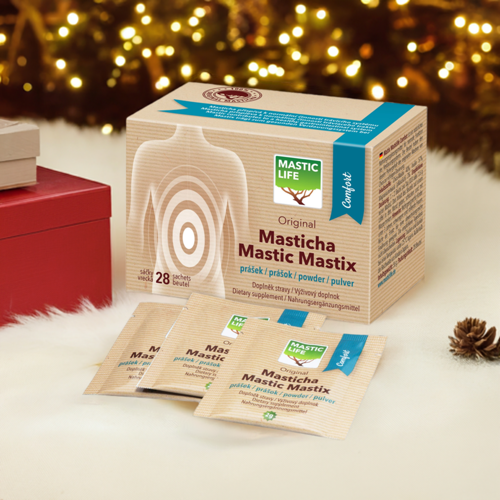 Box of Masticlife Mastic with packets on a festive background