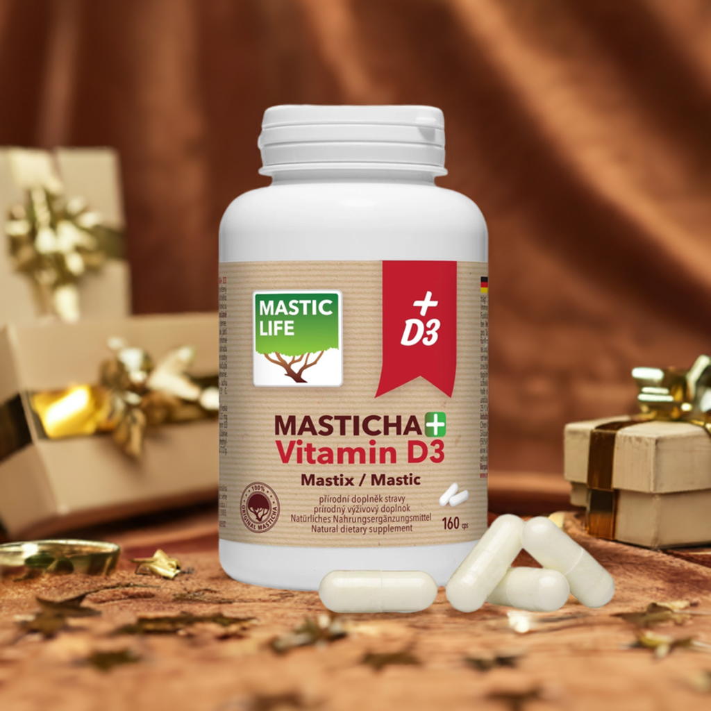 Bottle of Masticlife Mastic+ Vitamin D3 supplement with capsules on a decorative background