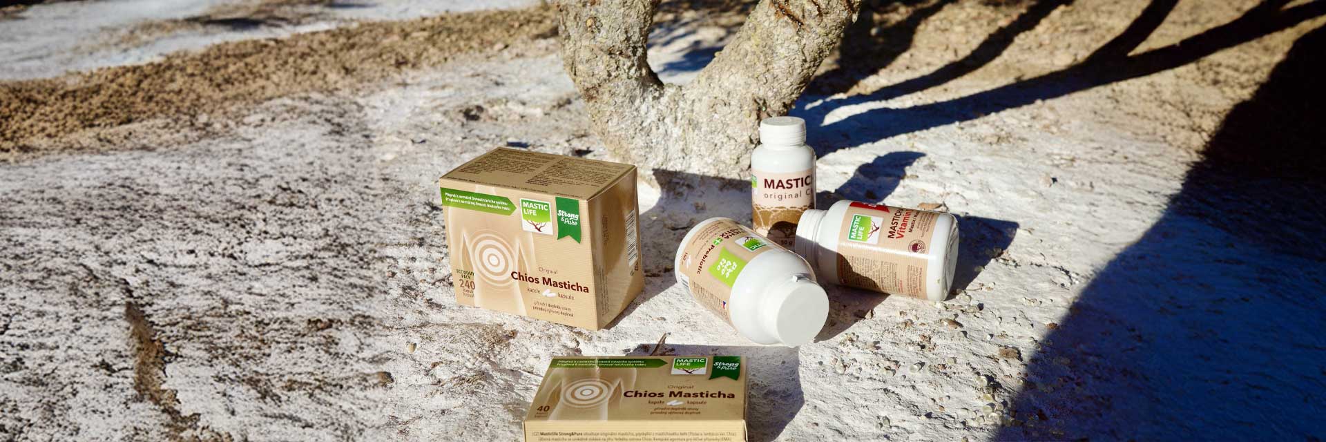 Packaging Masticlife mastic gum on a textured surface with natural light